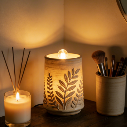 Leaf Embossed Ceramic Night Light - Beige Nature Inspired Bedside Lamp for Bedroom & Living Room