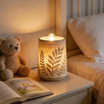 Leaf Embossed Ceramic Night Light - Beige Nature Inspired Bedside Lamp for Bedroom & Living Room