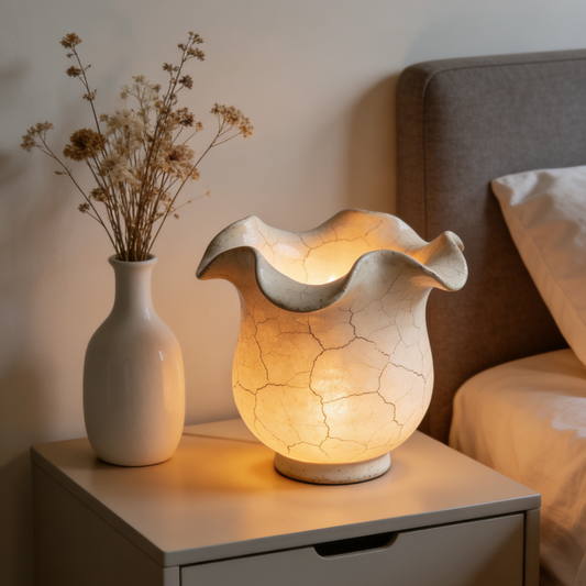 Crackle Glaze Wave Edge Ceramic Night Light - White Vintage Glow Lamp for Home Decor