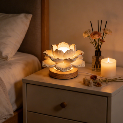 Lotus Flower Ceramic Night Light - Handcrafted Floral Lamp with Wooden Base for Bedroom & Yoga Space