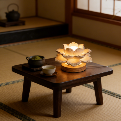 Lotus Flower Ceramic Night Light - Handcrafted Floral Lamp with Wooden Base for Bedroom & Yoga Space
