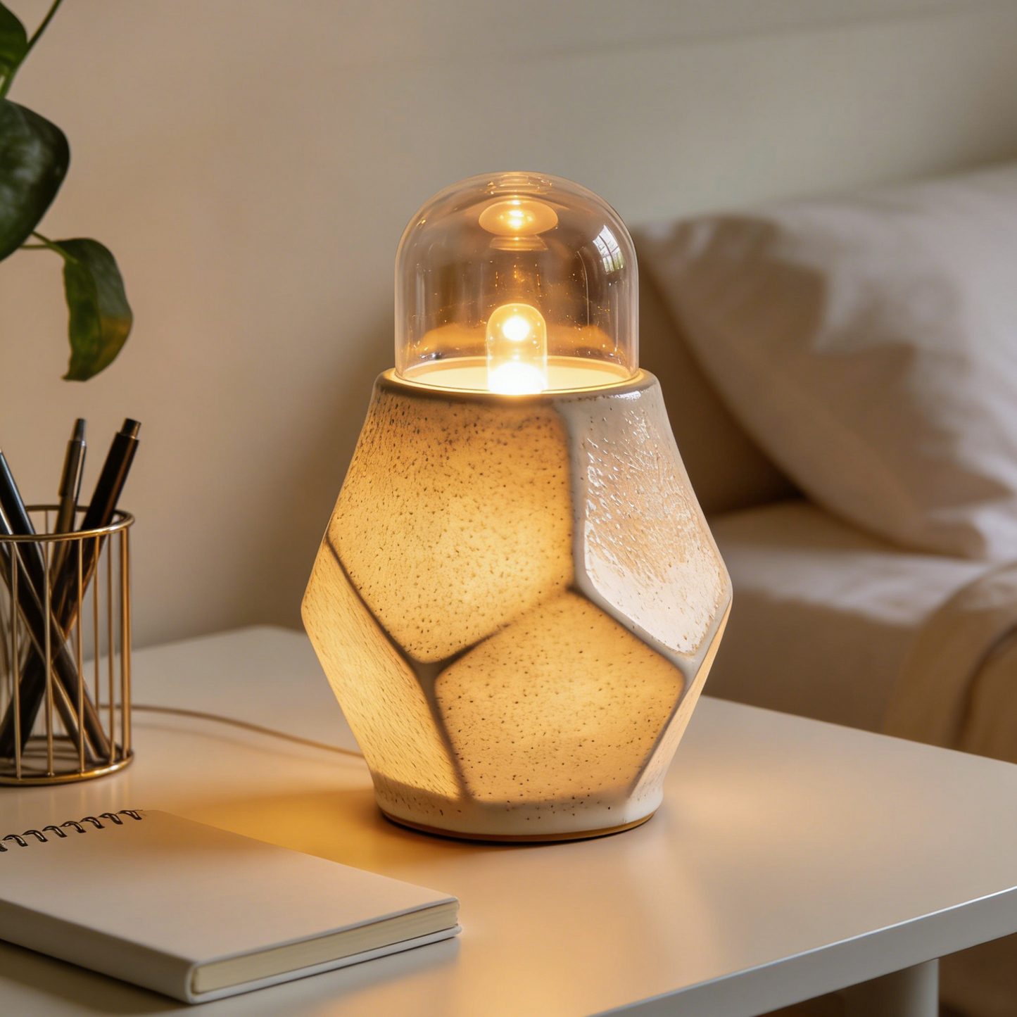 Faceted Geometric Ceramic Table Lamp - White Stoneware Night Light with Clear Glass Dome for Bedroom
