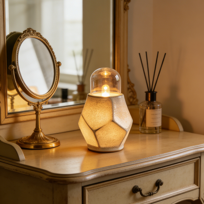 Faceted Geometric Ceramic Table Lamp - White Stoneware Night Light with Clear Glass Dome for Bedroom