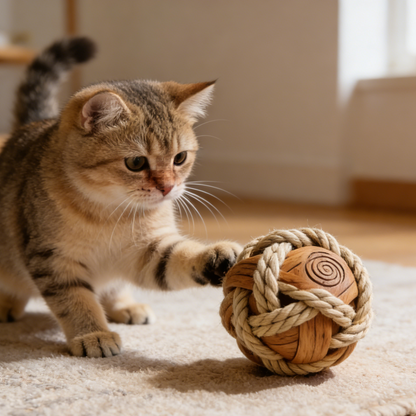 Artisan Wooden Spiral Rope Ball | Durable Interactive Pet Chew Toy