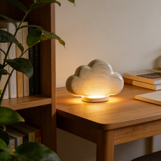 Cloud Shaped Ceramic Night Light - Pastel Gradient Glow Lamp with Wooden Base for Kids Room