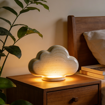 Cloud Shaped Ceramic Night Light - Pastel Gradient Glow Lamp with Wooden Base for Kids Room